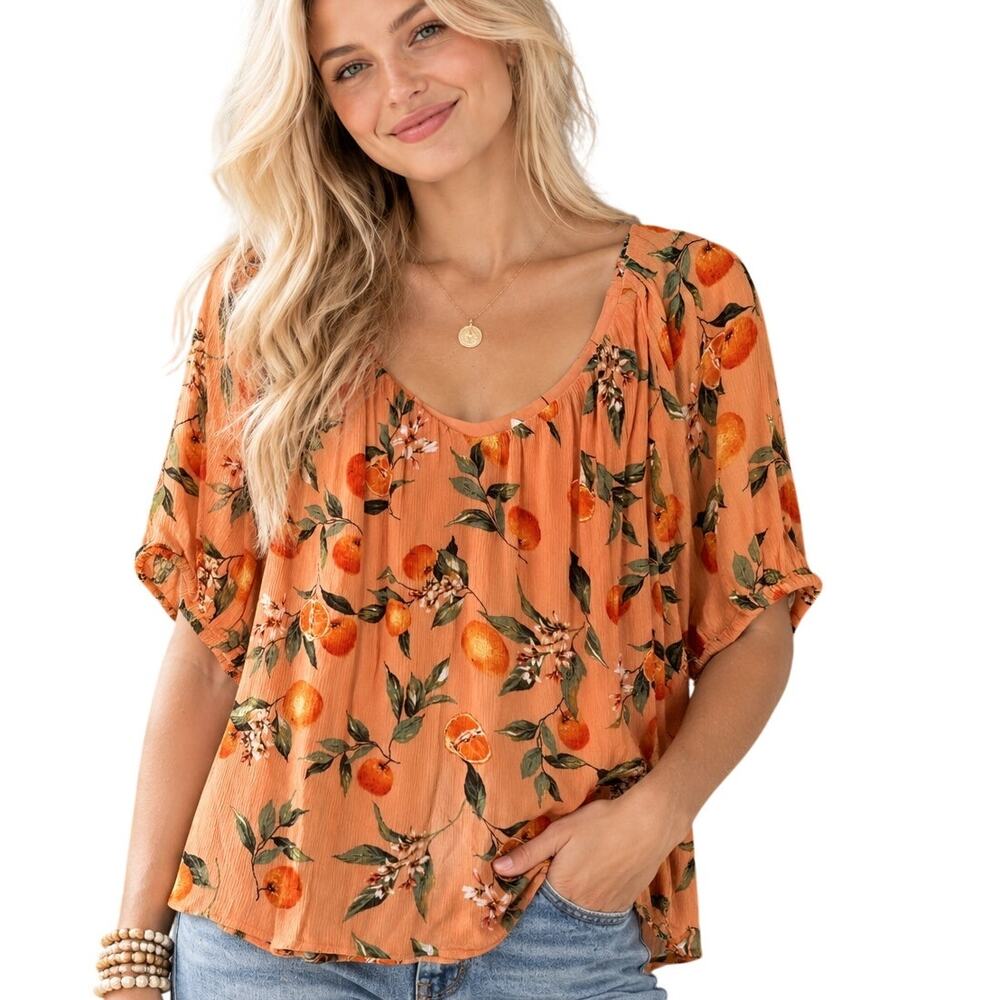 LOFT Peach Harvest Top Womens XL Citrus Oranges Print Scoop Neck Boho Blouse